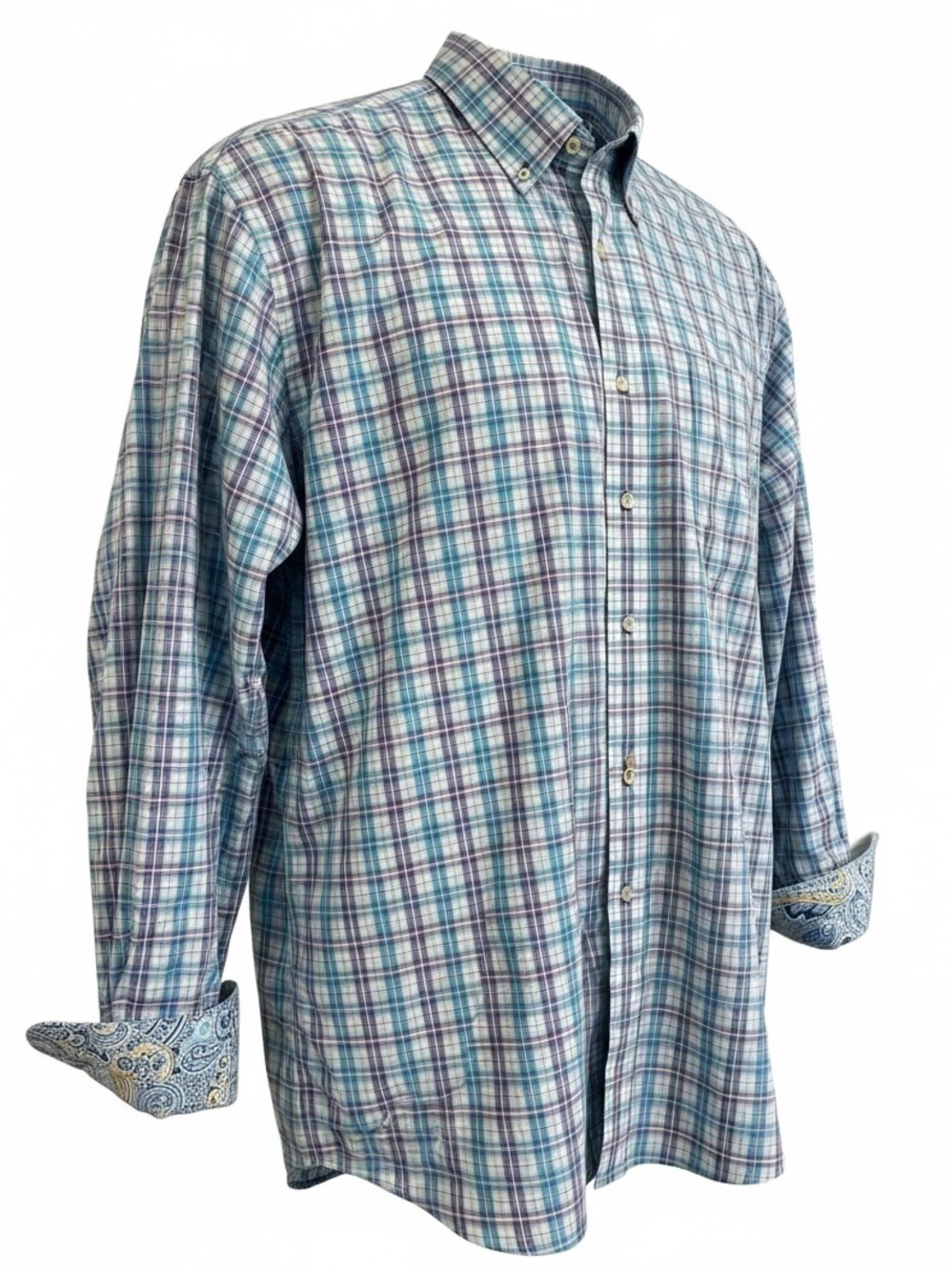 ALAN FLUSSER PLAID PERFORMANCE BUTTON DOWN SHIRT PAISLEY TRIM MULTICOLOR SZ XXL